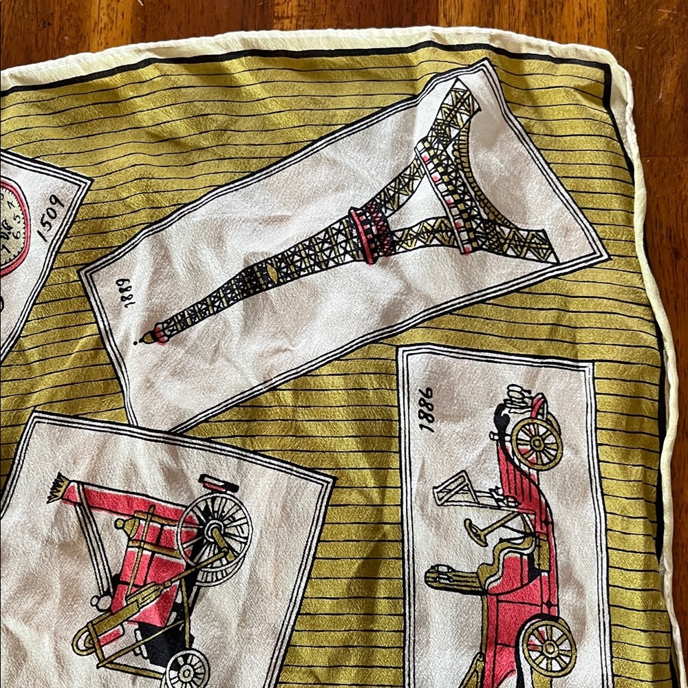 Vtg Silk MCM Scarf Featuring Various Landmarks & Inventions Approx 16”sq
